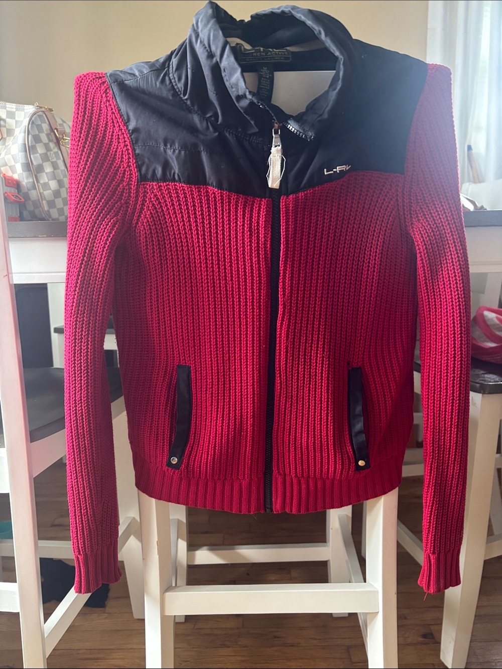Lauren Ralph Lauren Red Knit Bomber Jacket with Black Yoke - Medium